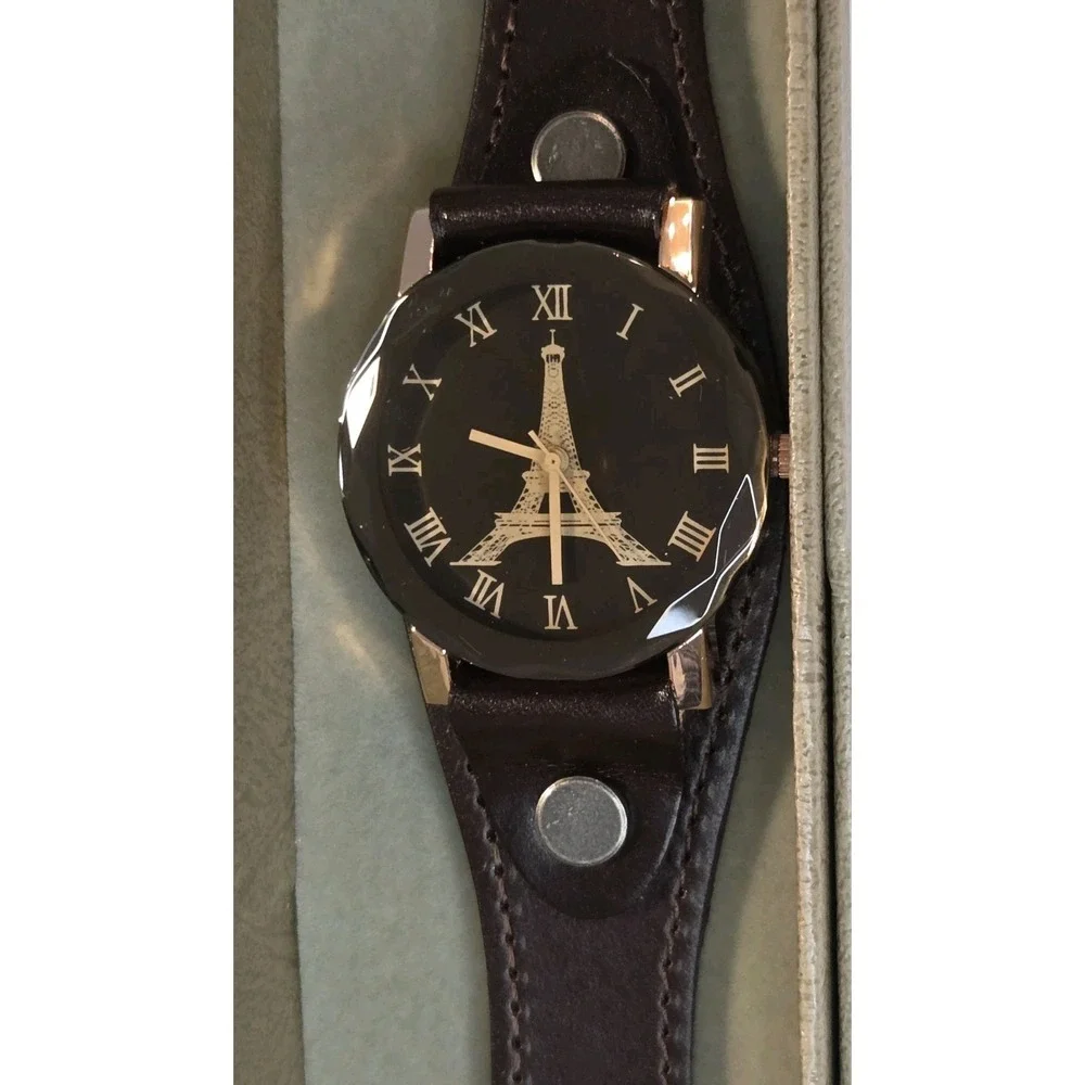 Vintage Dark Brown Leather-Look Eiffel‎ Tower Casual Wrist Watch
